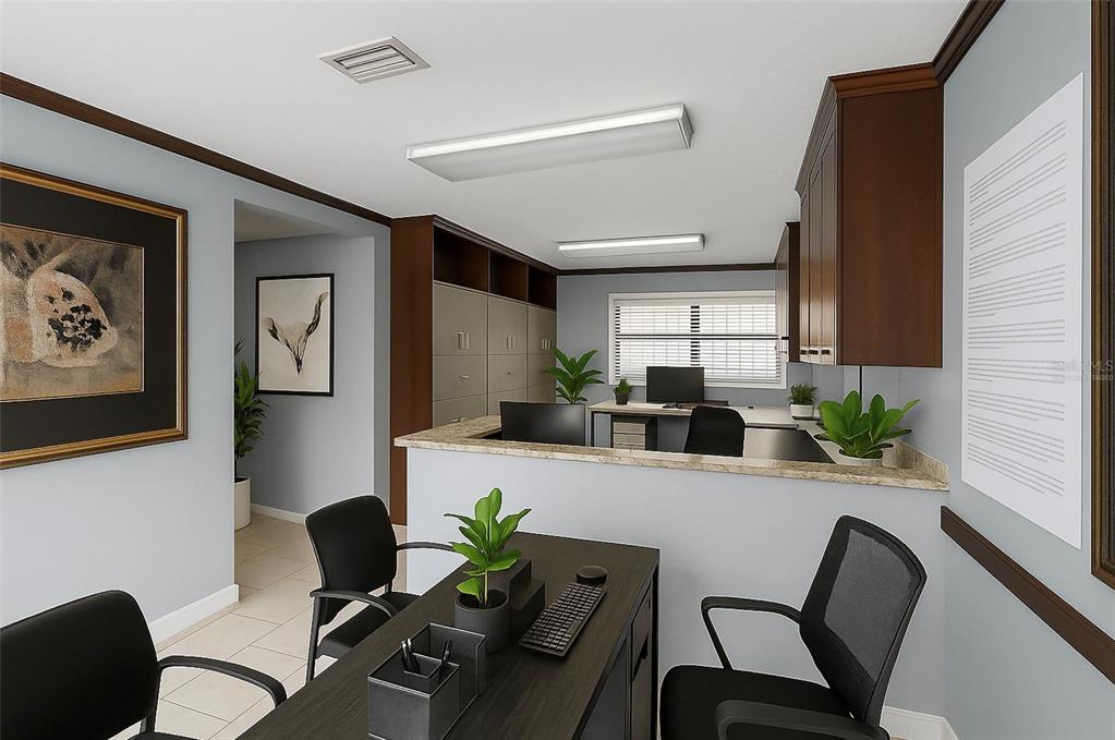 This is a digital rendering of a professional office space with multiple desks and cabinetry — 4900 33RD AVENUE N, ST PETERSBURG, FL