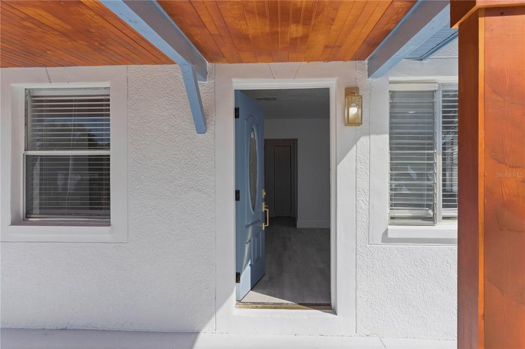 A blue front door opens into a home with white stucco walls and wood-paneled ceilings — 9315 N 16TH STREET, TAMPA, FL
