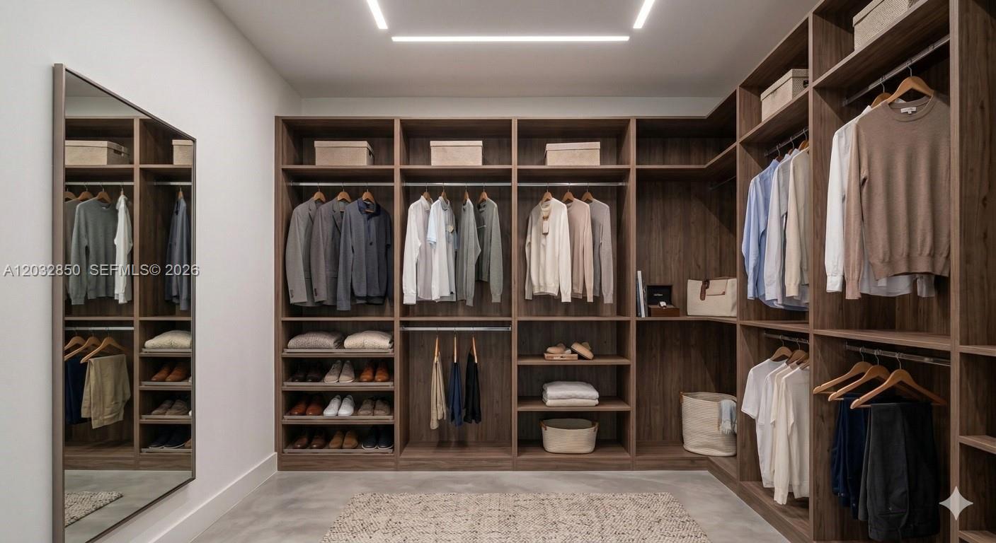 A walk-in closet features dark wood shelving, hanging clothes, and a large wall-mounted mirror — 5650 N Miami Ave, Miami FL 33127, MIAMI, FL