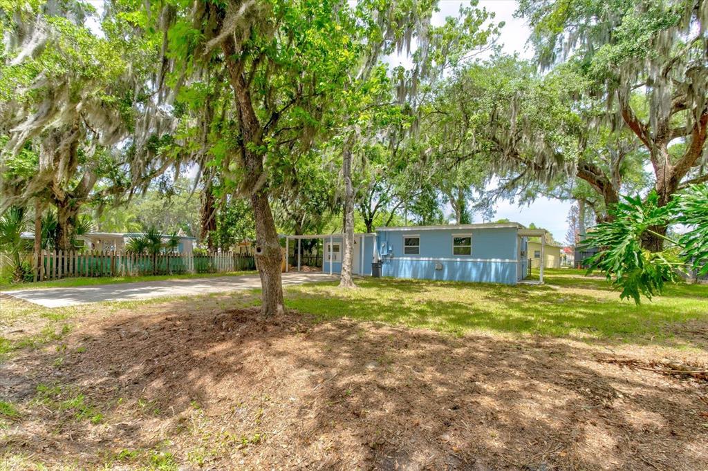 A light blue mobile home sits on a grassy lot shaded by large oak trees — 113 FRAN DRIVE, NEW SMYRNA BEACH, FL