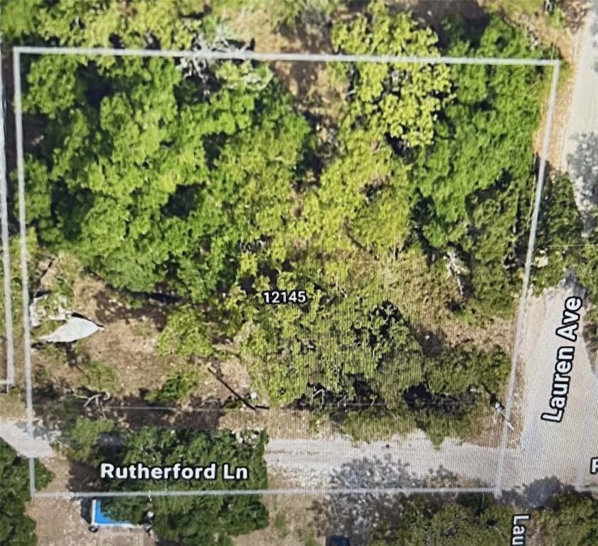An aerial view shows a rectangular, wooded vacant lot located at a street corner — 12139 RUTHERFORD LANE, HUDSON, FL