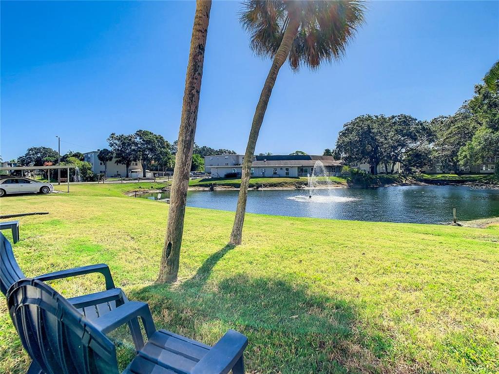 A view of a pond with a fountain, palm trees, and a grassy lawn — 841 PATRICIA AVENUE UNIT 103, DUNEDIN, FL