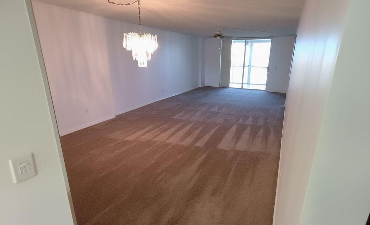 An empty living and dining area with beige carpet, a crystal chandelier, and sliding glass doors — 4735 E Lucerne Lakes Boulevard E # 413, Lake Worth FL 33467, LAKE WORTH, FL