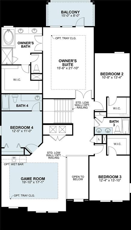 This is a floor plan of a house's upper level featuring four bedrooms and a balcony — 7671 PAINTED SKY PLACE, LAND O LAKES, FL