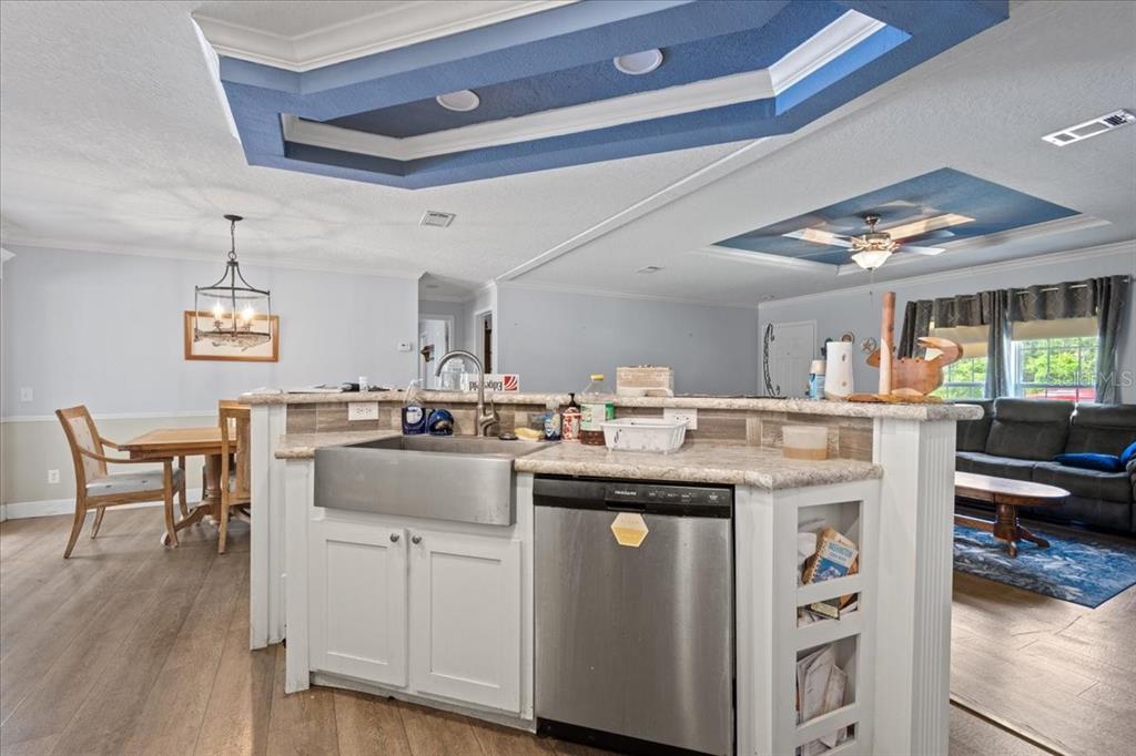 A kitchen island with a stainless steel farmhouse sink and dishwasher sits beneath blue tray ceilings — 87 NE 544TH STREET, OLD TOWN, FL