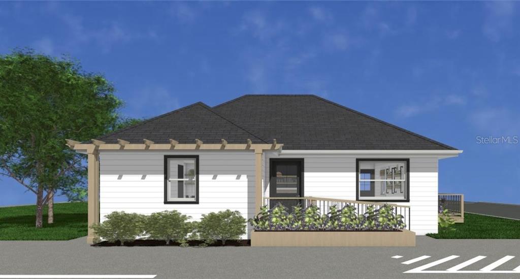This is a digital rendering of a single-story house exterior with a pergola and ramp — 4950 1ST AVENUE N, ST PETERSBURG, FL