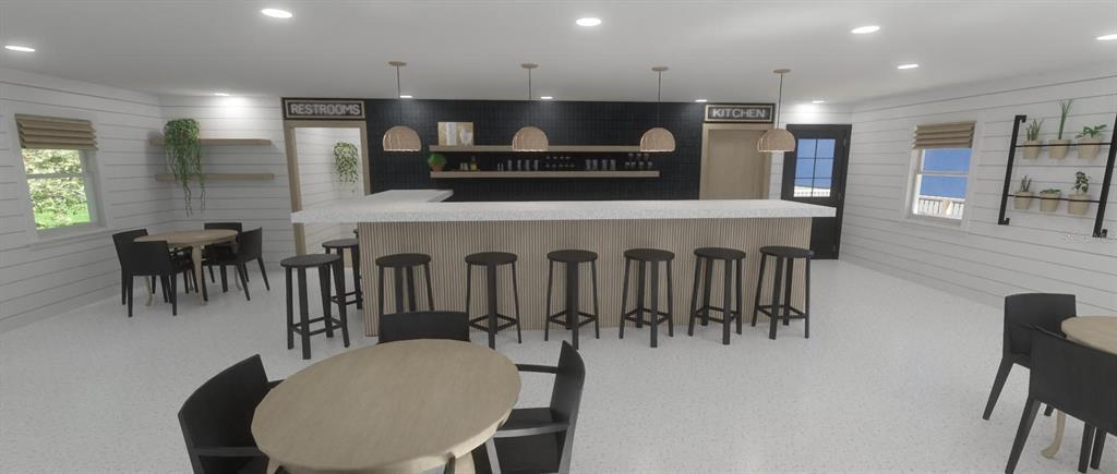 This is a rendering of a modern bar area with a counter, stools, and tables — 4950 1ST AVENUE N, ST PETERSBURG, FL