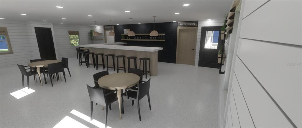 This rendering shows a modern interior space with a kitchen bar, dining tables, and chairs — 4950 1ST AVENUE N, ST PETERSBURG, FL