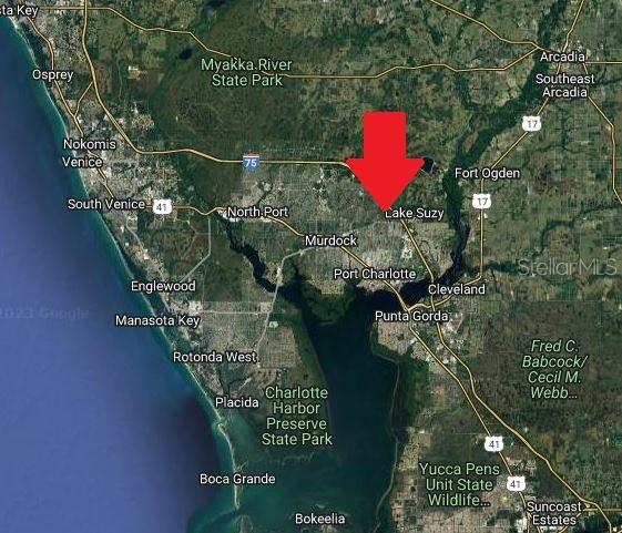 This is a map showing the location of Lake Suzy in Florida with a red arrow — LOT 26 JULIANNA STREET, NORTH PORT, FL