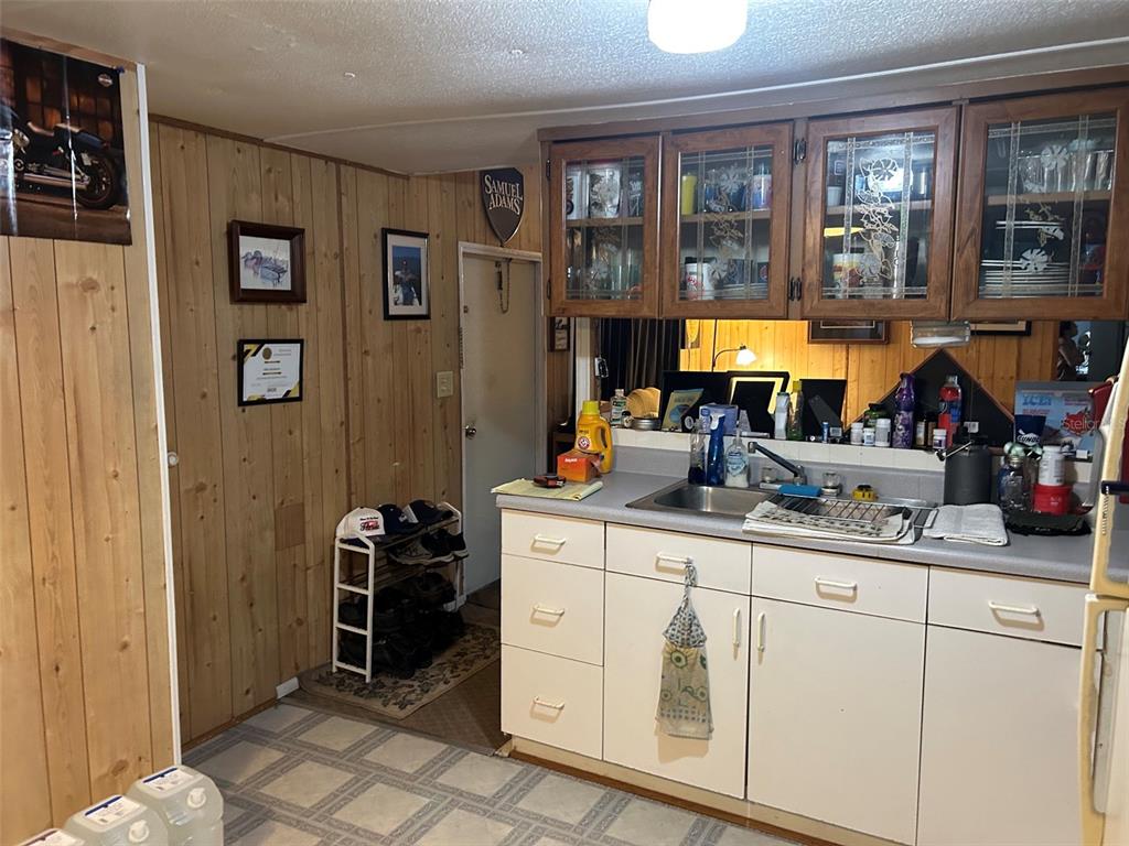 A kitchen features wood-paneled walls, white lower cabinets, glass-front upper cabinets, and a sink — 10945 SE 132ND PLACE, OCKLAWAHA, FL