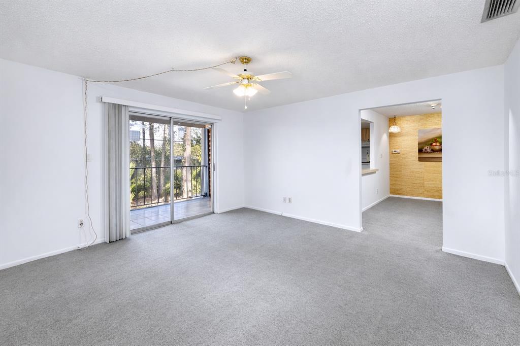 A living room with gray carpet, a ceiling fan, and a sliding glass door to a balcony — 1143 85TH TERRACE N UNIT D, ST PETERSBURG, FL
