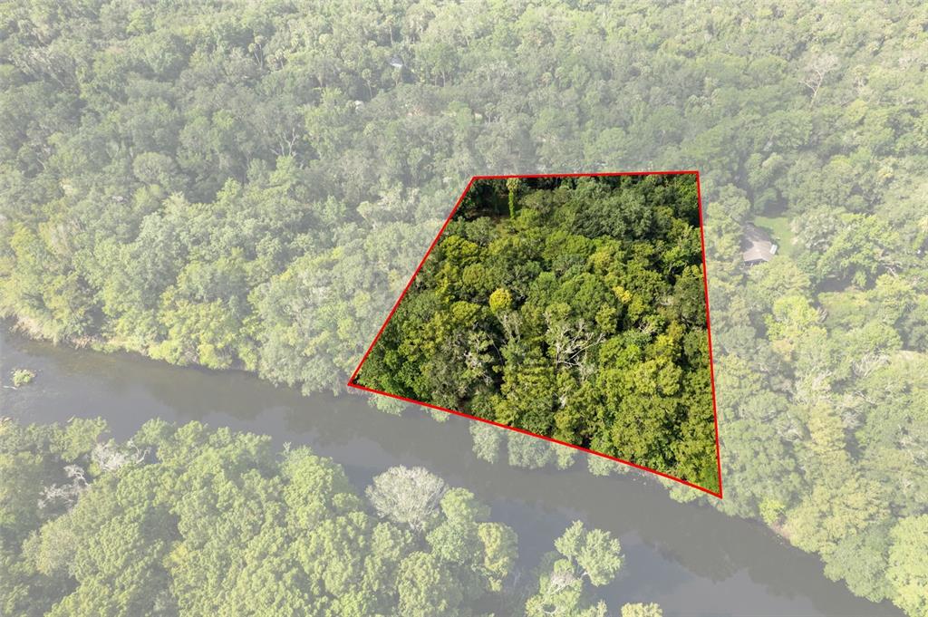 An aerial view shows a wooded, trapezoidal plot of land bordering a river — 6409 E RIVER ROAD, HERNANDO, FL