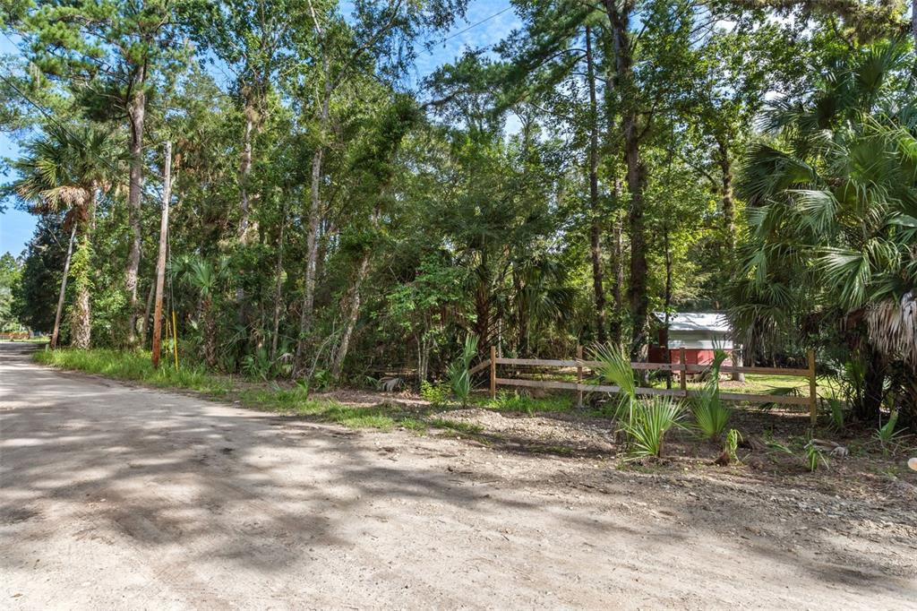 A dirt road runs alongside a wooded lot with a wooden fence and small shed — 6409 E RIVER ROAD, HERNANDO, FL