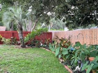 A backyard features a green lawn, a palm tree, and a wooden fence with landscaping — 3419 PALOMA DRIVE, HOLIDAY, FL