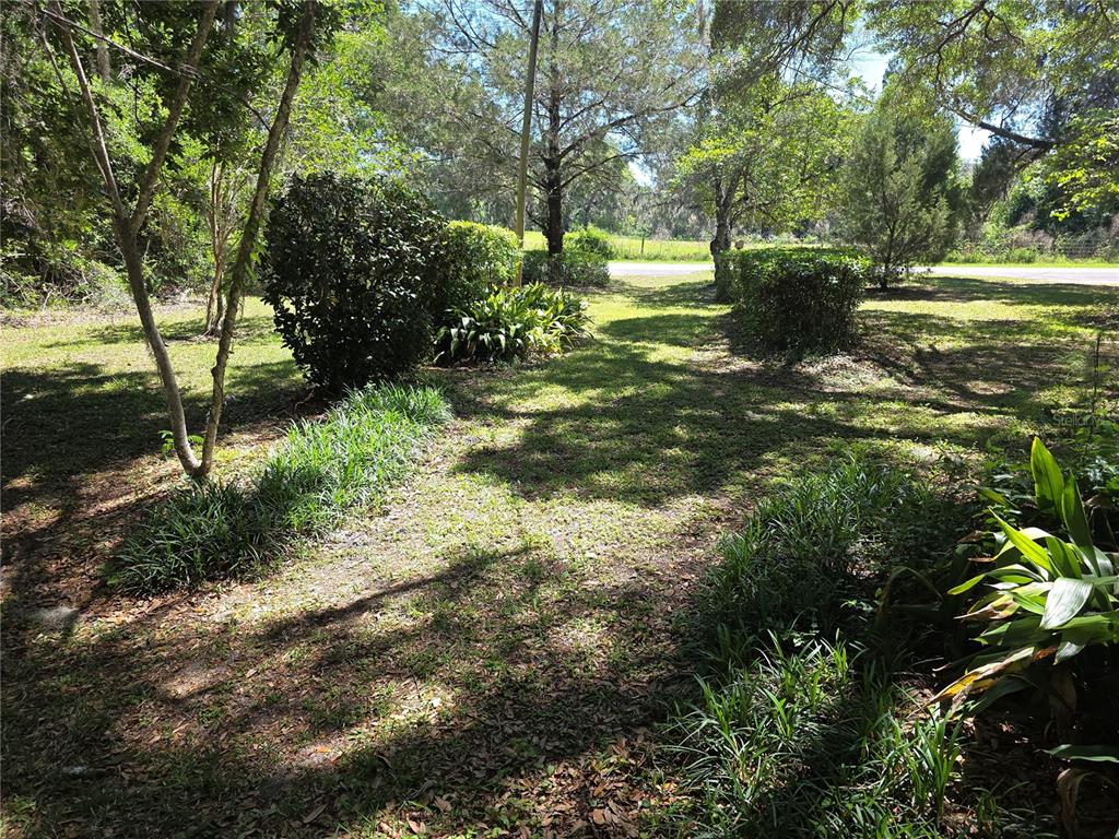A grassy yard features mature trees, manicured shrubs, and patches of ground cover plants — 13499 OLD CRYSTAL RIVER ROAD, BROOKSVILLE, FL