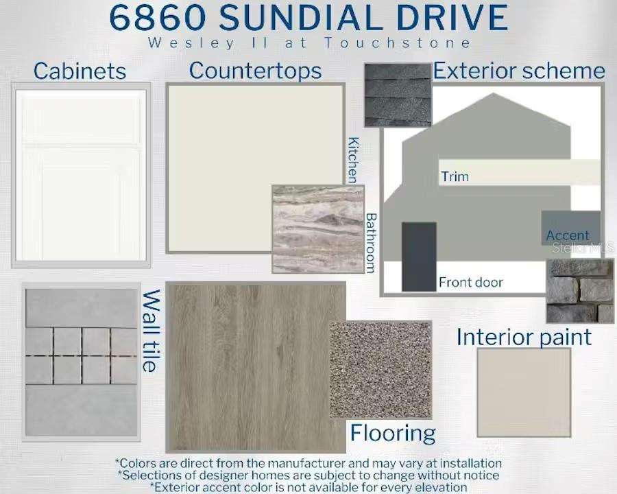 This design board displays interior and exterior finish selections for a home, including cabinetry, countertops, flooring, and paint — 6860 SUNDIAL DRIVE, LAKELAND, FL
