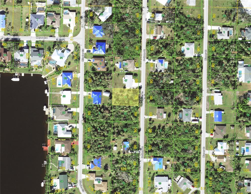 This is an aerial map showing residential lots and streets in a neighborhood — 4091 DOTHAM STREET, PORT CHARLOTTE, FL