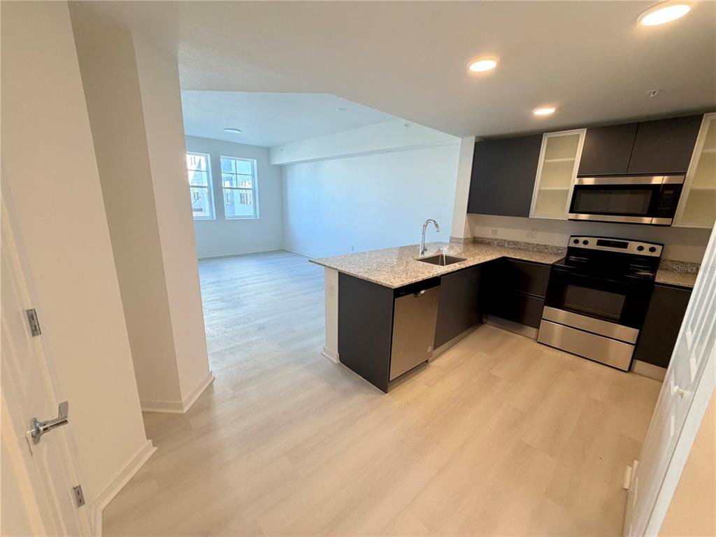 A kitchen with dark cabinets and granite countertops opens into a bright living area — 5587 MILLENIA PARK BLVD UNIT 217, ORLANDO, FL