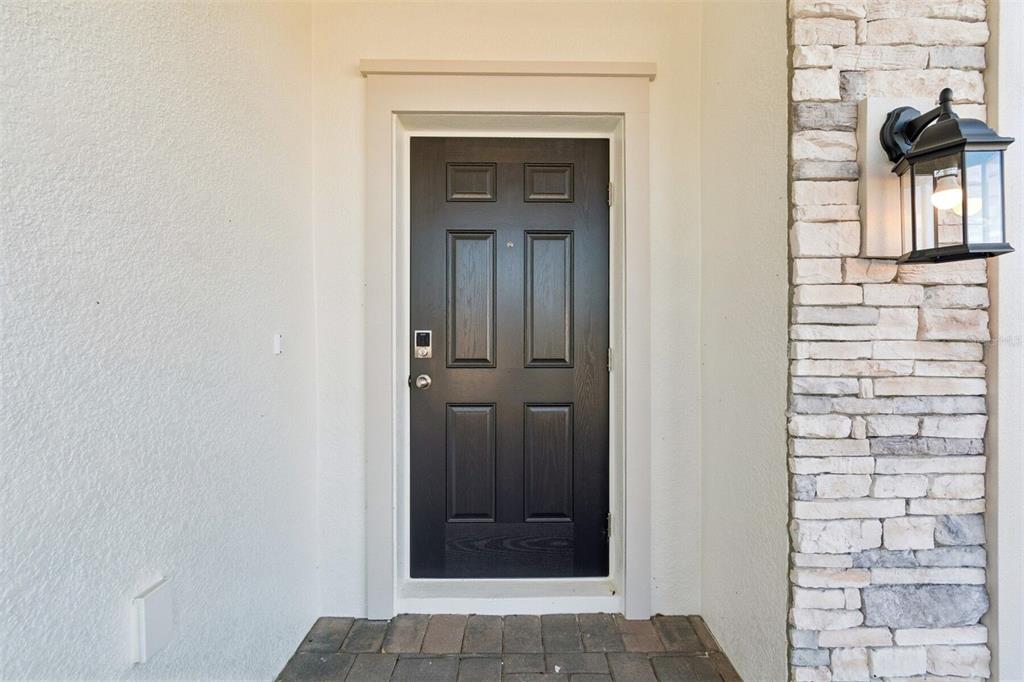 A black six-panel front door is framed by white trim and a stone-accented exterior wall — 12251 STIRRUP DRIVE, DADE CITY, FL