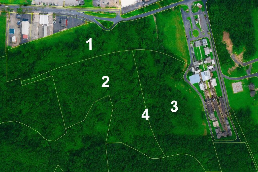 An aerial view shows four numbered plots of land surrounded by trees and nearby buildings — CARRETERA 2, KM 3.1, BAYAMON, PR