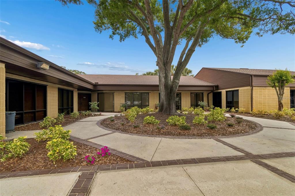 A single-story commercial building with a central tree and a paved circular walkway — 611 DRUID ROAD E UNIT 101-110, CLEARWATER, FL
