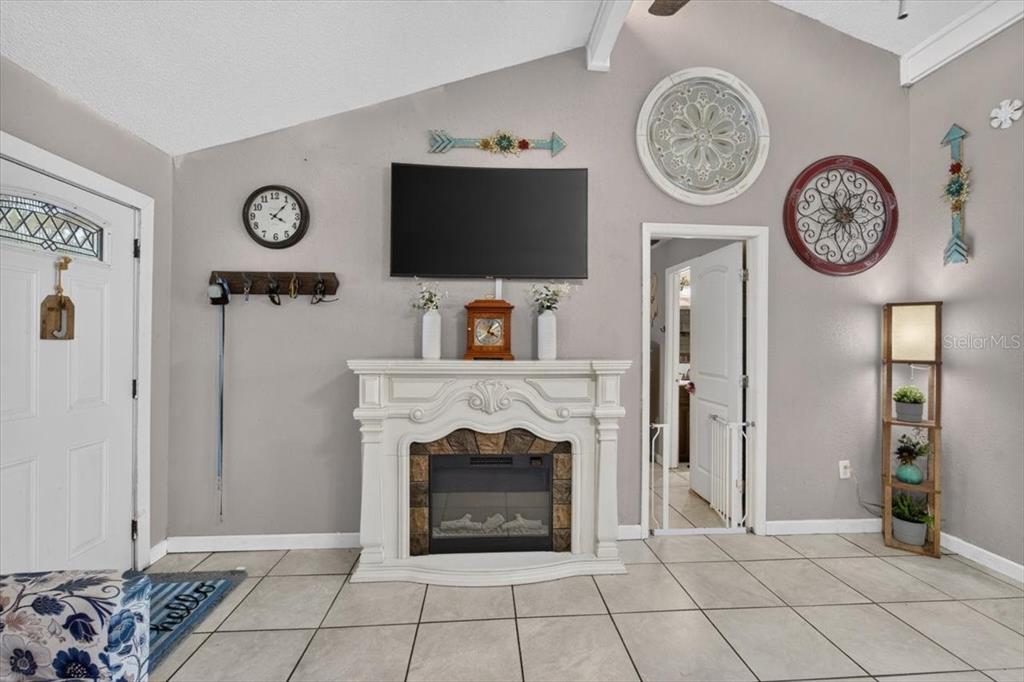 A living room features a fireplace, a wall-mounted television, and tile flooring — 5330 MISTY LAKE DR, MULBERRY, FL