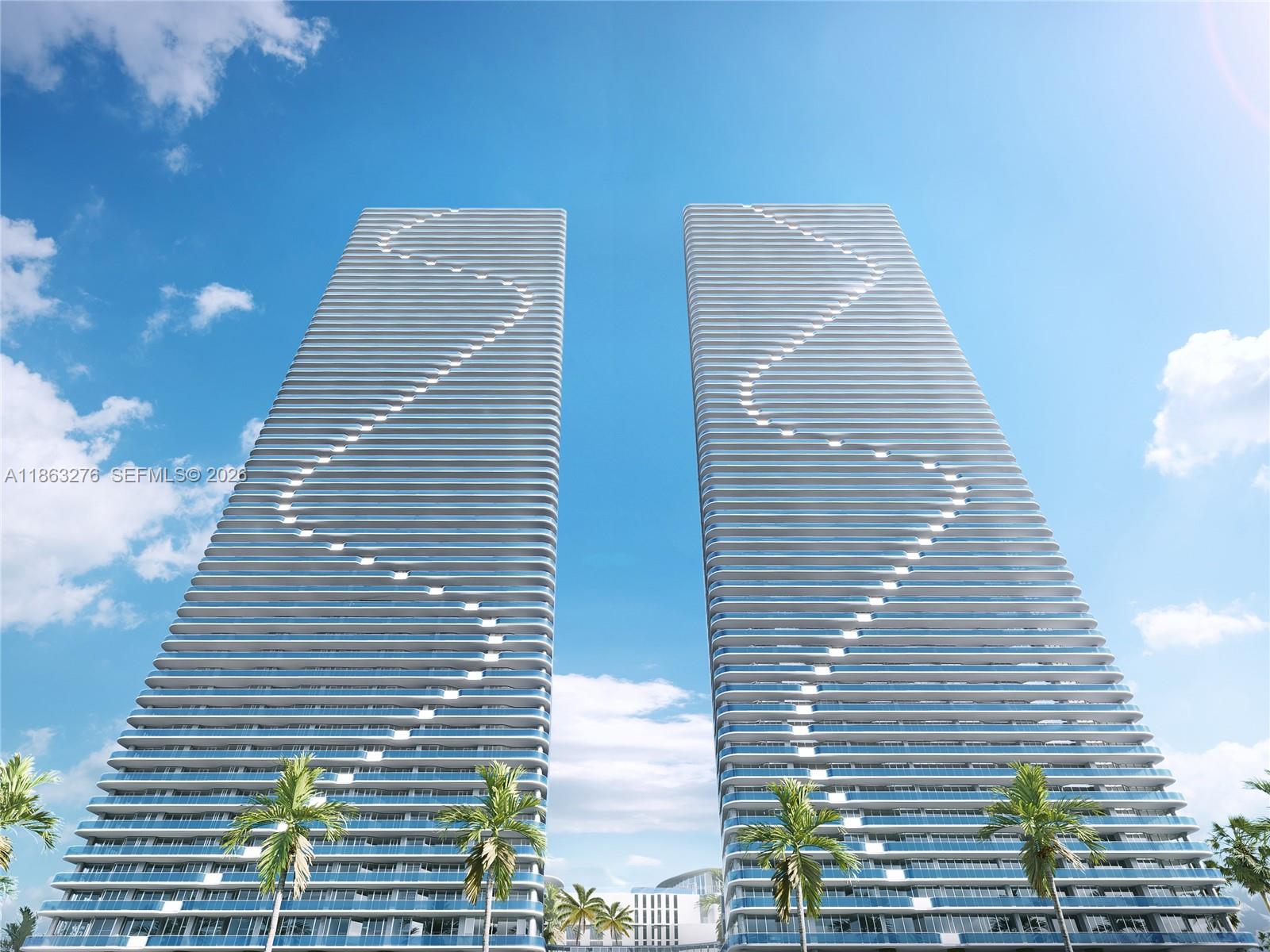This is a rendering of two modern high-rise residential towers with distinctive zigzag balcony patterns — 725 NE 24th, Miami FL 33137, MIAMI, FL