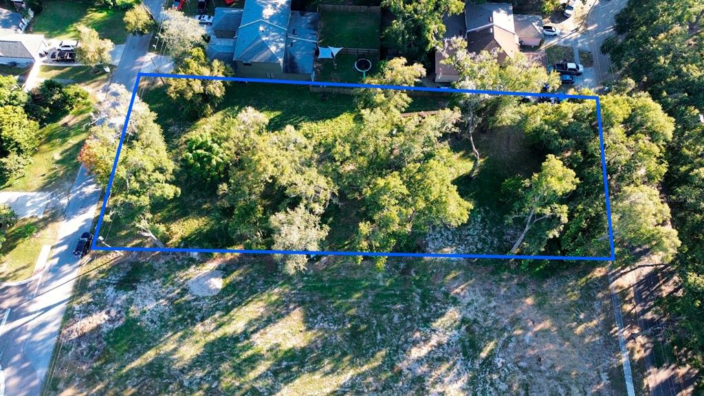 An aerial view shows a rectangular, tree-covered vacant lot outlined in blue — SAND AVENUE, APOPKA, FL