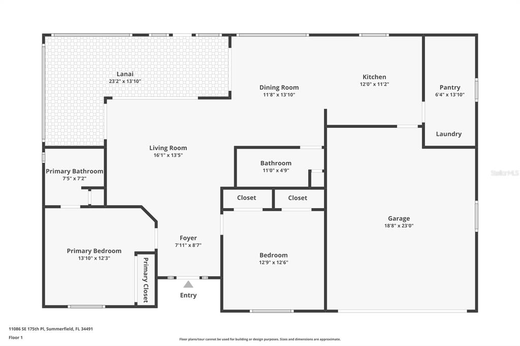 This is a floor plan for a single-story residential home with two bedrooms and a garage — 11086 SE 175TH PLACE, SUMMERFIELD, FL