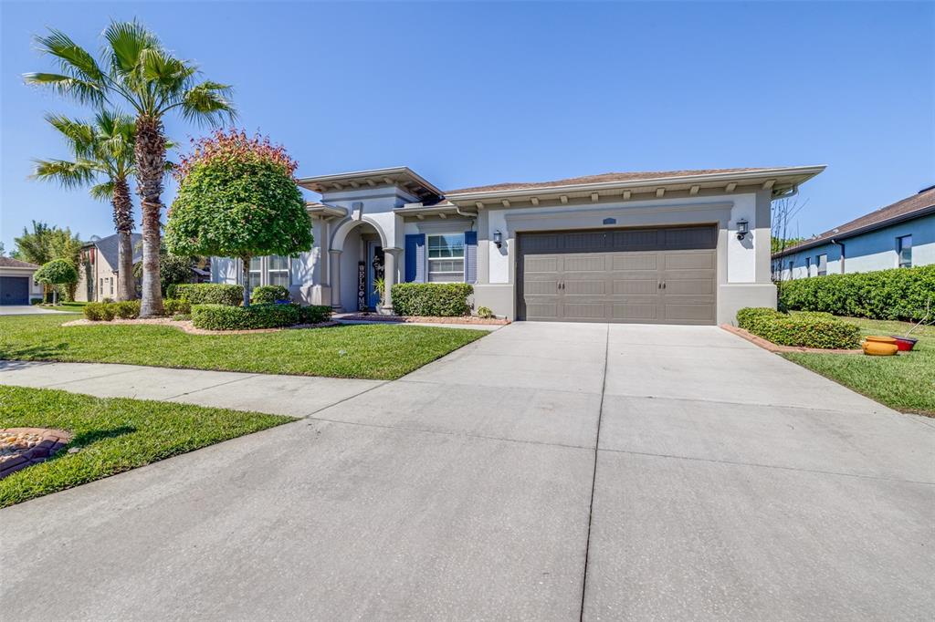 A single-story house with a two-car garage, manicured lawn, and a mailbox in the foreground — 2397 GWYNHURST BOULEVARD, WESLEY CHAPEL, FL