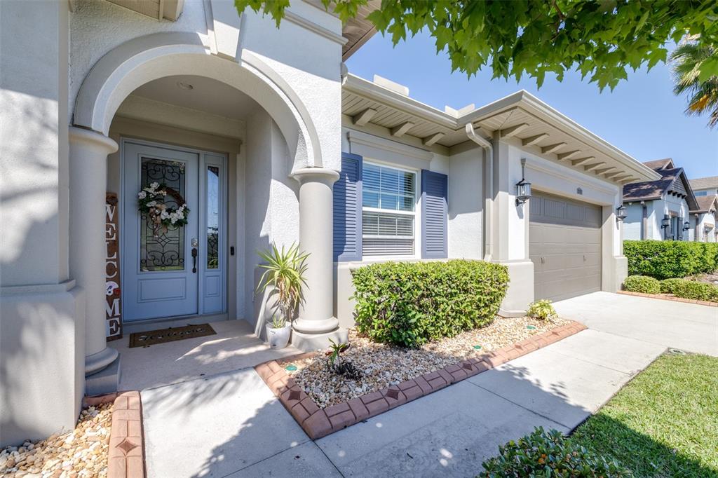 An entryway features a white front door with decorative glass, tile flooring, and an arched doorway — 2397 GWYNHURST BOULEVARD, WESLEY CHAPEL, FL