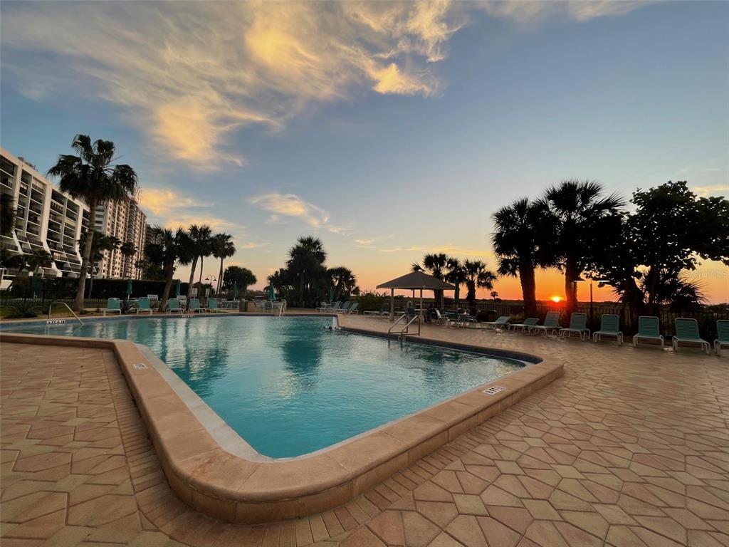 A swimming pool with lounge chairs and palm trees at sunset next to a building — 1230 GULF BOULEVARD UNIT 508, CLEARWATER BEACH, FL