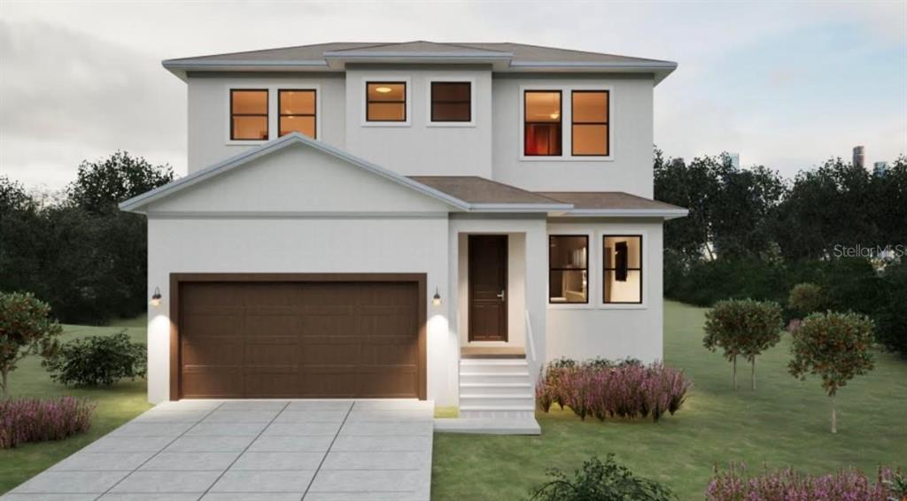A digital rendering of a two-story house with a white exterior and a brown garage — 2120 W BIRD ST., TAMPA, FL