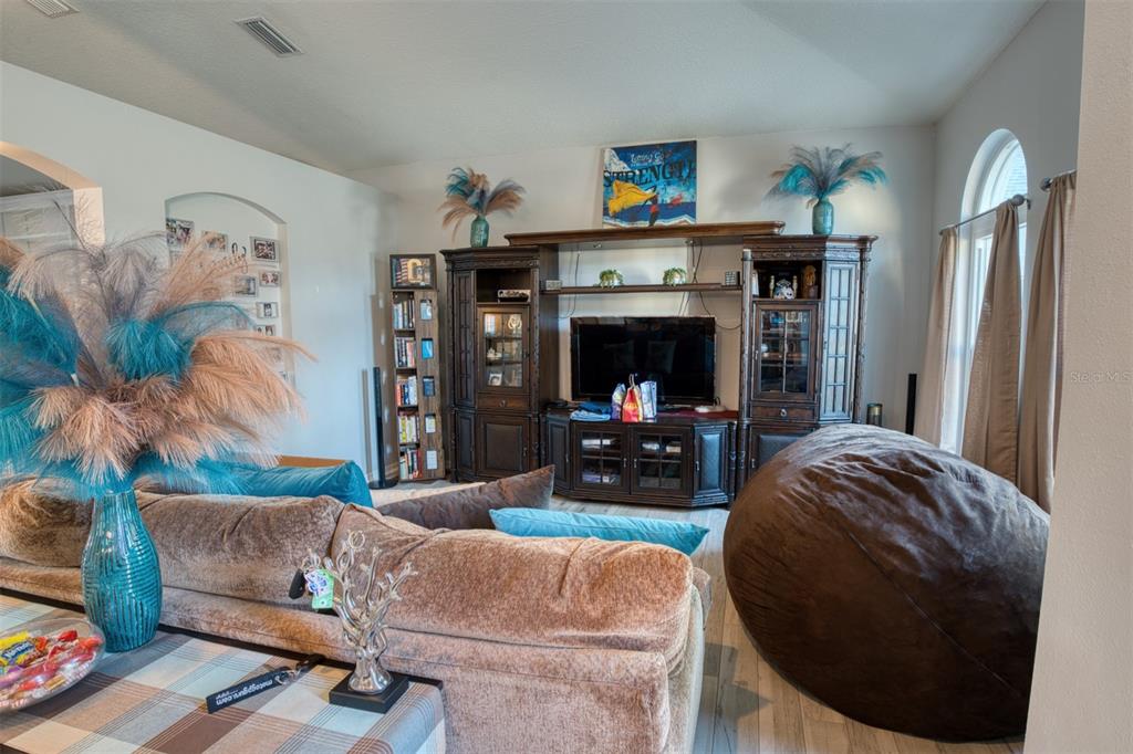 A living room features a large wooden entertainment center, a brown sofa, and a beanbag chair — 4303 ORANGE RIDGE COURT, VALRICO, FL