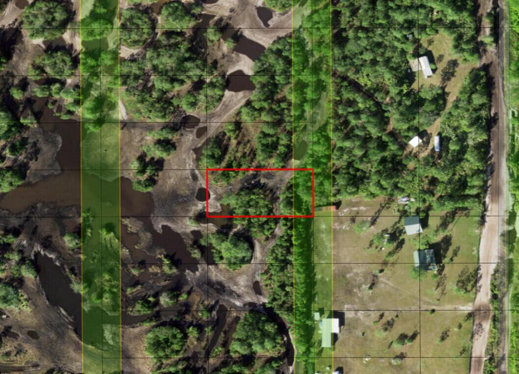 An aerial map view shows a rectangular red outline over a wooded, partially flooded lot — 0 Holopaw Groves Road, FL 34772, FL
