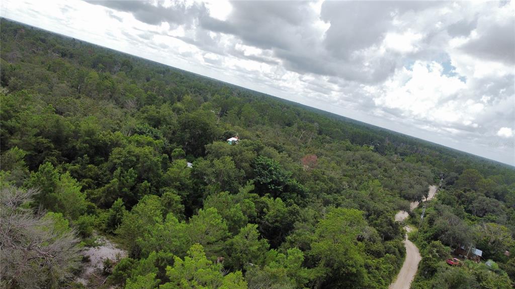 An aerial view shows a wooded landscape with a dirt road and scattered small houses — ST CLAIRE LAKE DRIVE, DELAND, FL