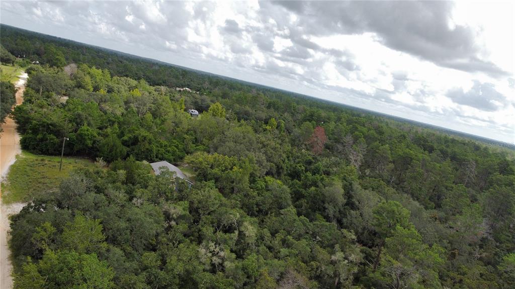 An aerial view shows a house nestled within a dense forest next to a dirt road — ST CLAIRE LAKE DRIVE, DELAND, FL