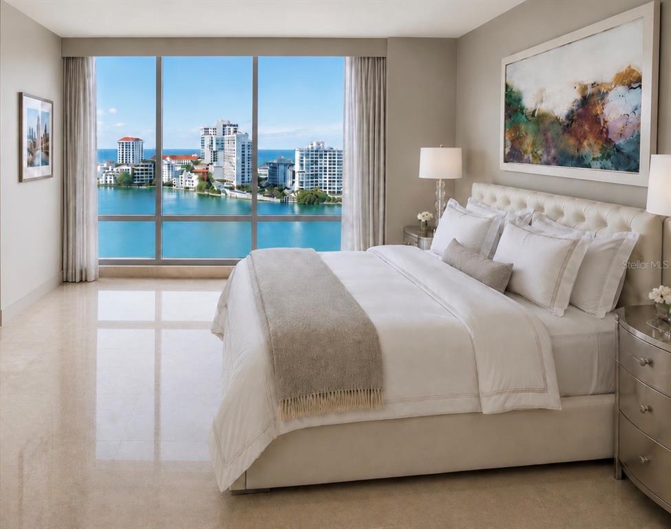 A bedroom with a large bed, beige tile floors, and floor-to-ceiling windows overlooking the water — 555 MONSERRATE, SAN JUAN, PR
