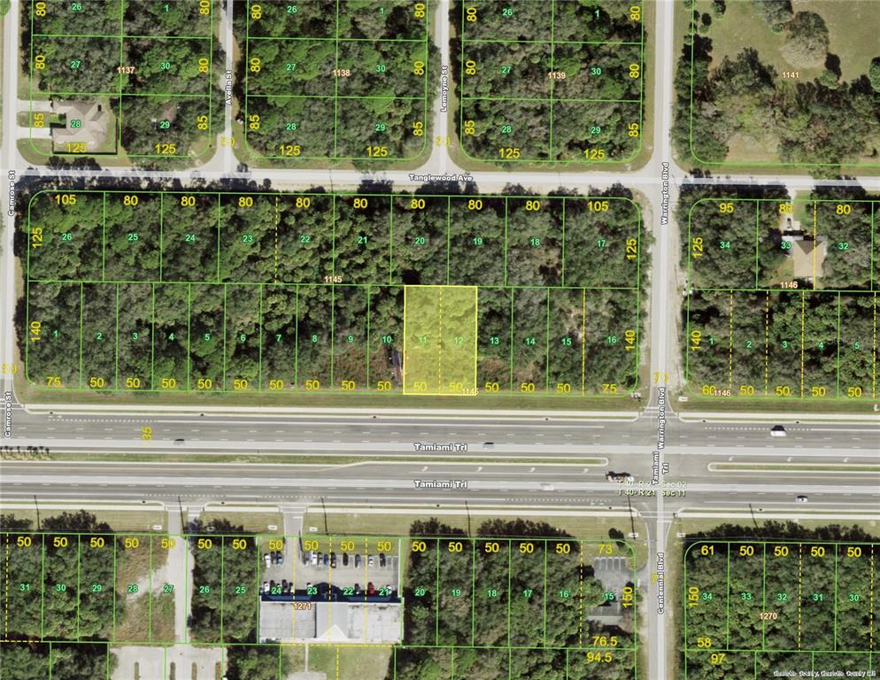 This is an aerial map showing residential lots and streets in a suburban area — 670 & 672 TAMIAMI TRAIL, PORT CHARLOTTE, FL