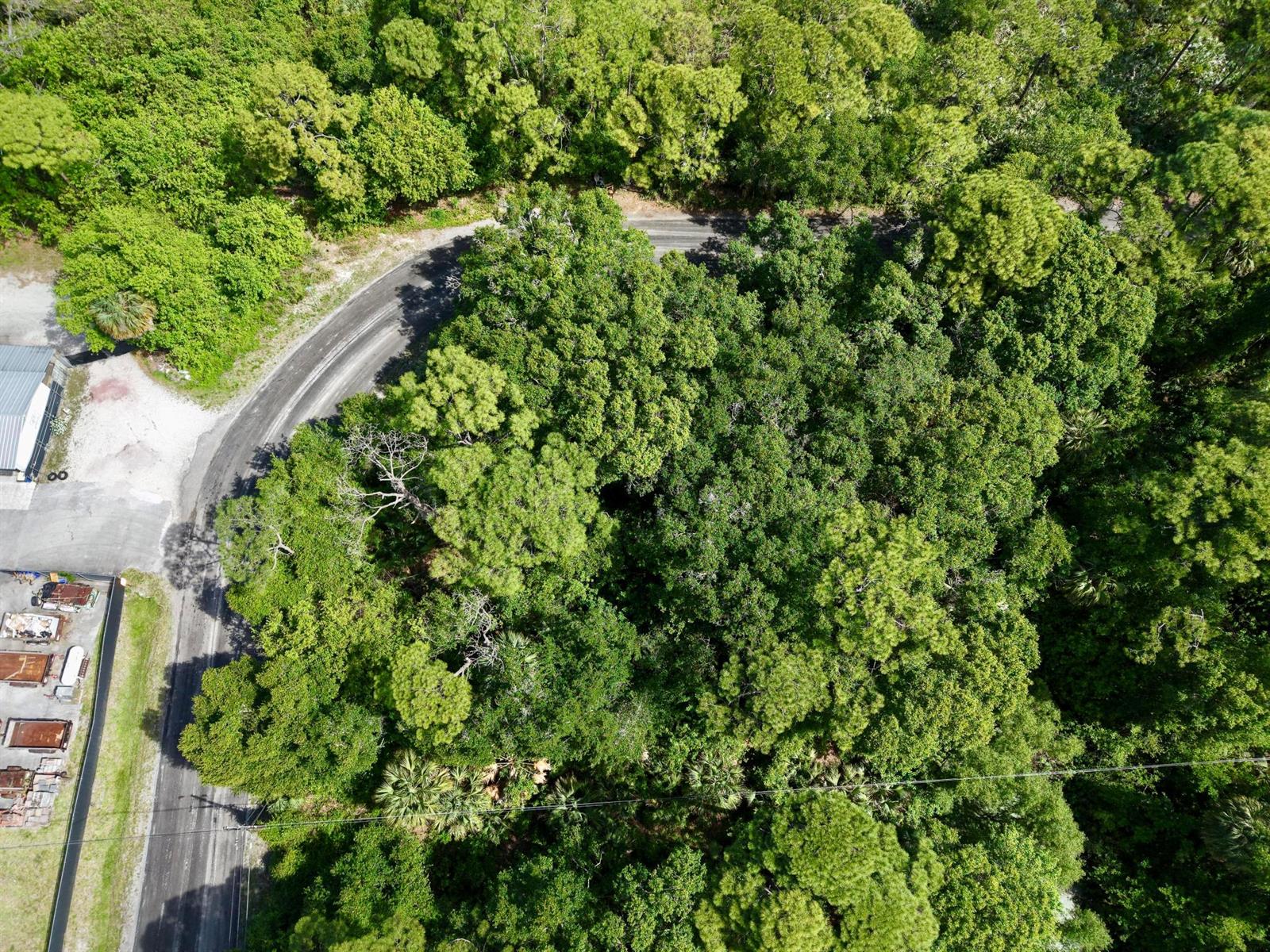 An aerial view shows a curved road bordering a dense, wooded lot next to buildings — 0000 Notlem Drive, Fort Pierce FL 34982, FORT PIERCE, FL