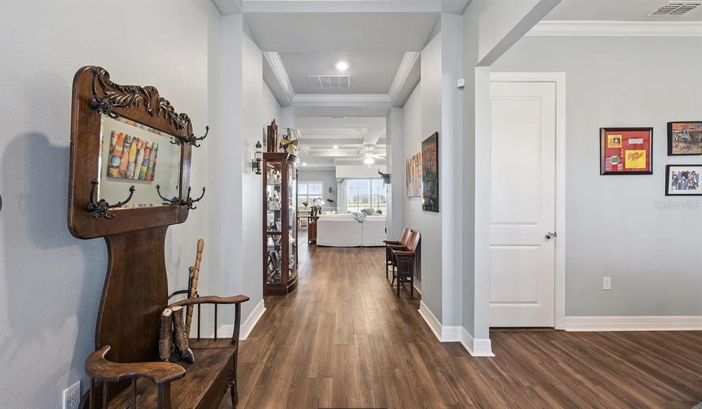 A hallway with wood-look flooring leads from an entryway into a living room — 16118 BOWLINE STREET, ORLANDO, FL