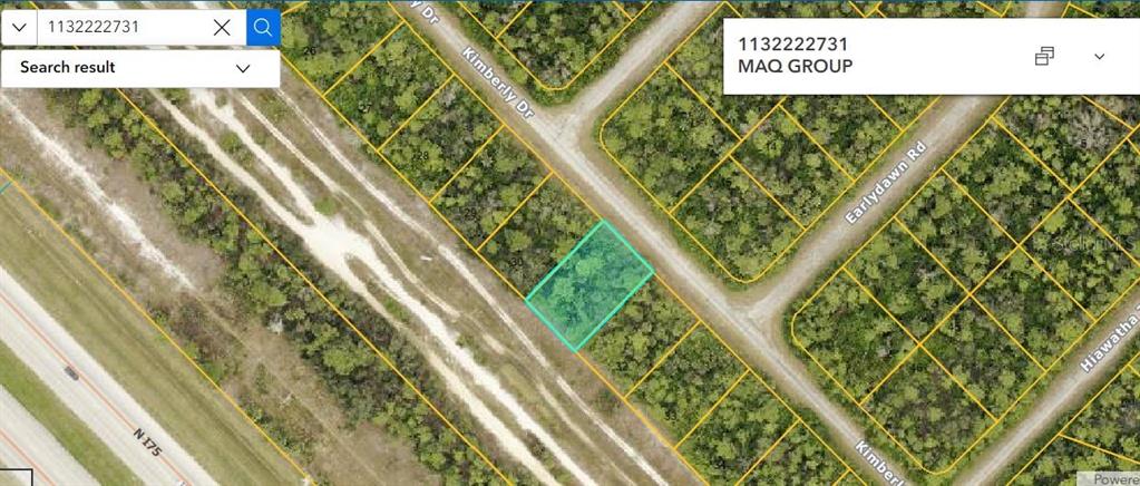 This is a satellite map view showing a highlighted rectangular plot of land — KIMBERLY DRIVE, NORTH PORT, FL