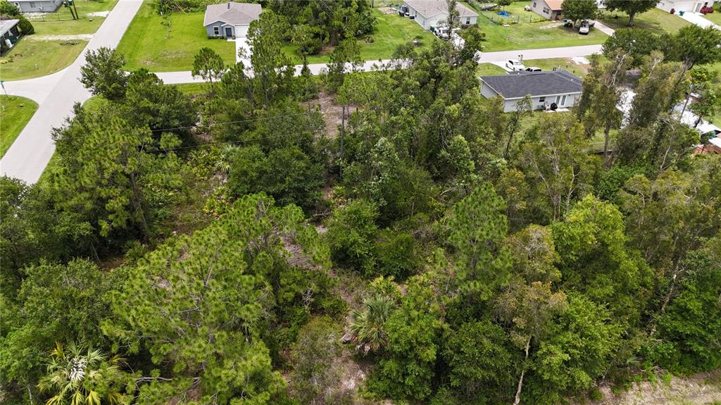An aerial view shows a vacant, wooded residential lot surrounded by houses and paved streets — 11317 4TH AVENUE, PUNTA GORDA, FL