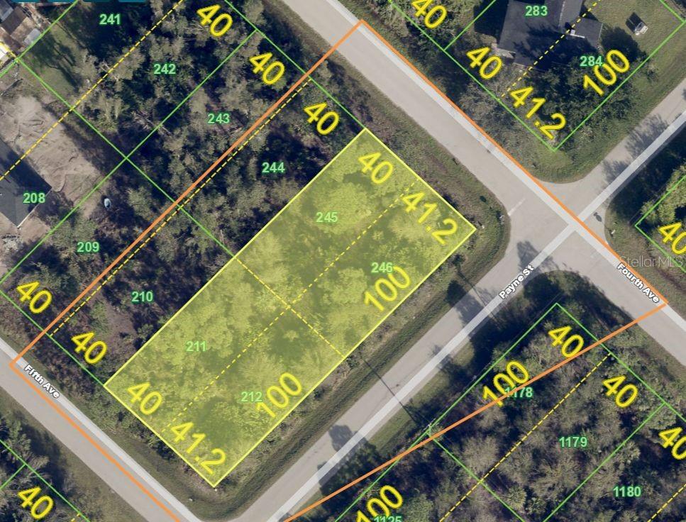 This is an aerial map showing several adjacent rectangular land parcels with lot dimensions labeled — 11317 4TH AVENUE, PUNTA GORDA, FL