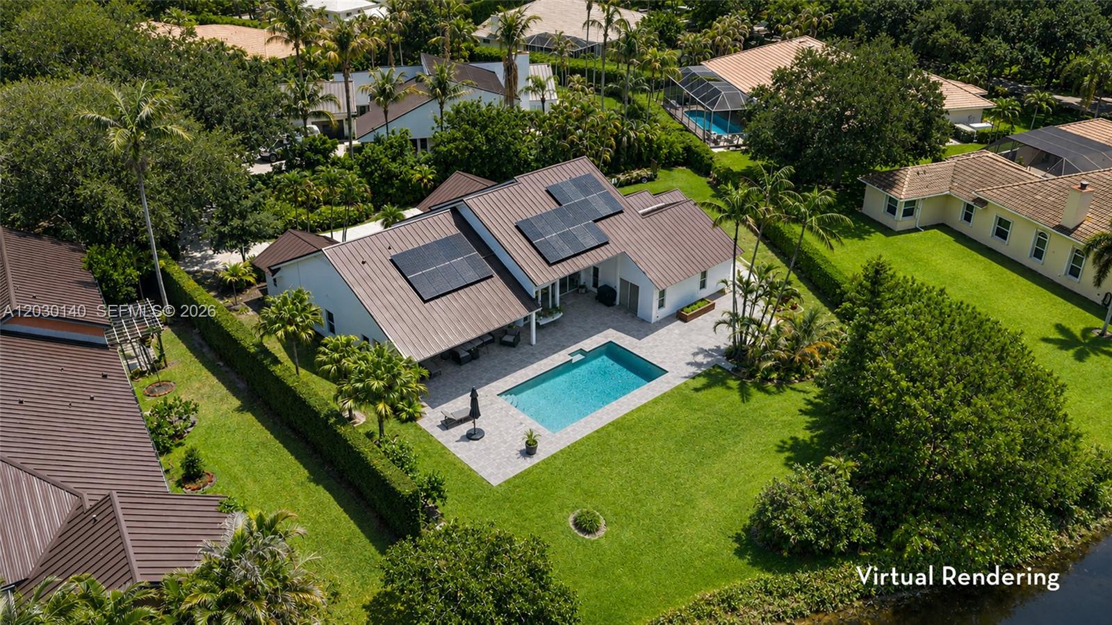 This virtual rendering shows an aerial view of a house with solar panels and pool — 10290 SE Banyan Way, Jupiter FL 33469, JUPITER, FL