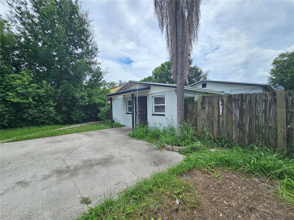A single-story house with a concrete driveway, a wooden fence, and a tall palm tree — 1212 W MARJORIE STREET, LAKELAND, FL