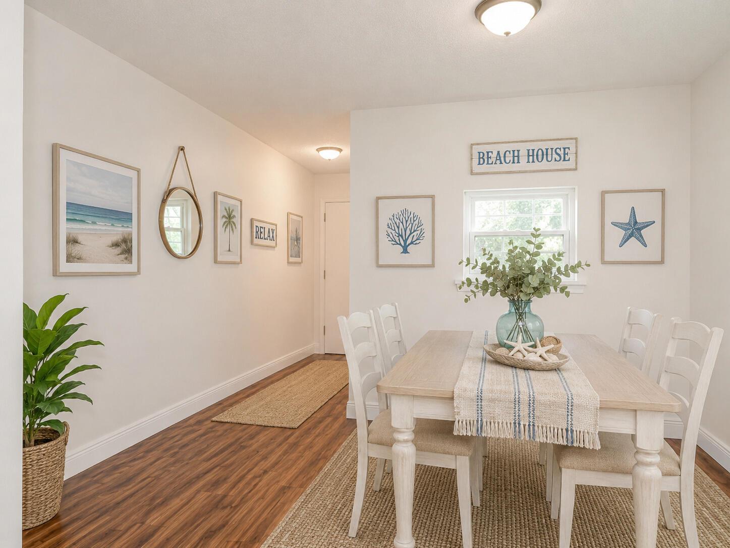 A coastal-themed dining room features a light wood table, white chairs, and wall art — 2800 Indian River Boulevard # 4r, Vero Beach FL 32960, VERO BEACH, FL