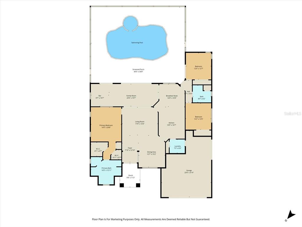 This is a floor plan of a house featuring a swimming pool and screened porch — 9240 BUTLER BOULEVARD, WEEKI WACHEE, FL