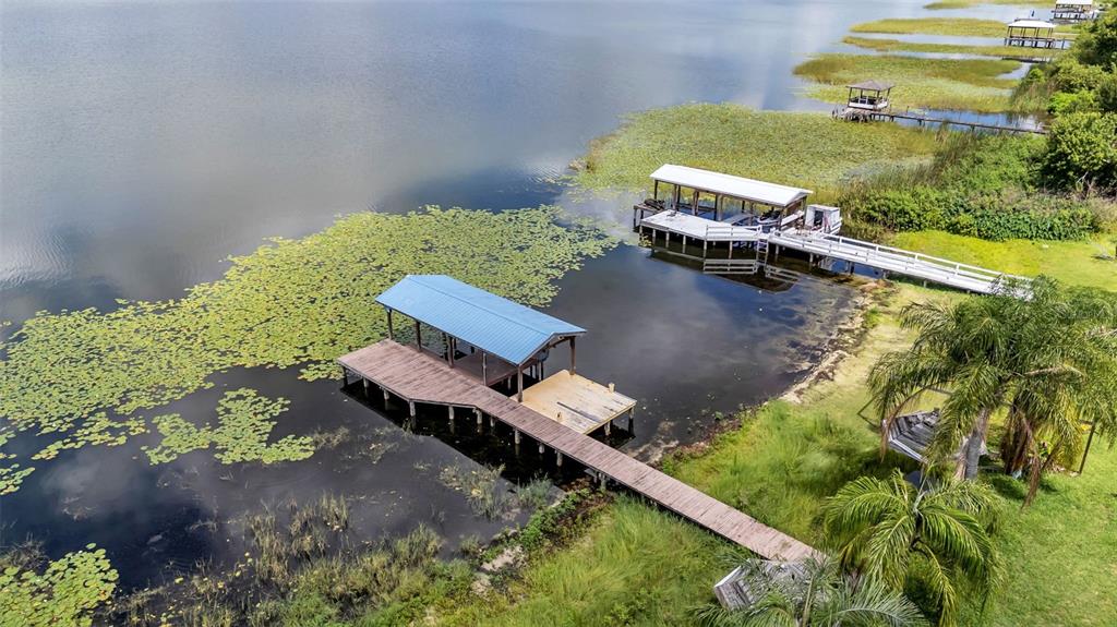 An aerial view shows two wooden boat docks extending into a lake with lily pads — 1218 LAKE ARIANA BOULEVARD, AUBURNDALE, FL