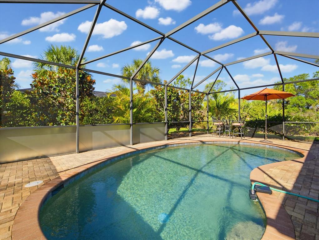 A swimming pool is enclosed by a screened lanai with a patio and tropical landscaping — 11697 SPOTTED MARGAY AVENUE, VENICE, FL